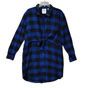Cheap Monday Flannel Shirt Dress Medium Blue and Black Long Sleeve Button Down